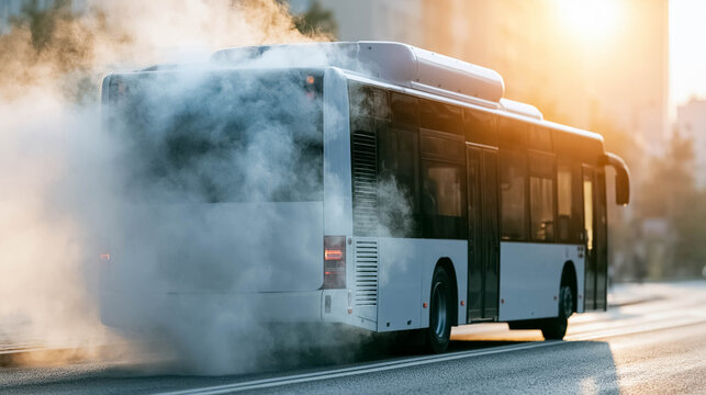 Modern city bus overheating with steam rising from engine during extreme summer heat on urban street