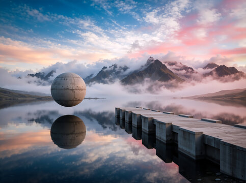 Floating concrete sphere over a still lake with mountain reflection. Surreal landscape featuring a brutalist pier at sunset. Futuristic sci-fi background