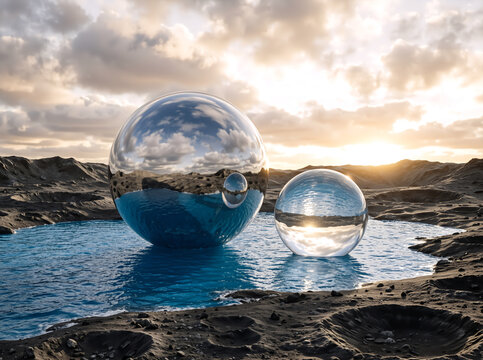 Two reflective spheres in a shallow blue pool on a rocky alien landscape. Surreal sci-fi background with sunset sky reflection