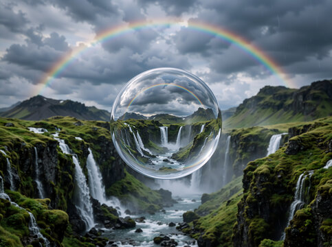 Floating glass sphere reflecting a waterfall landscape and rainbow. Surreal nature concept with green mossy cliffs and stormy sky. Crystal ball optical illusion
