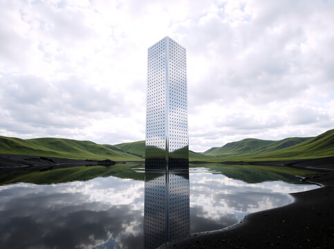 Tall metallic monolith with dot pattern standing in a calm lake. Surreal landscape with green hills and perfect water reflection