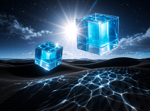 Surreal desert landscape with floating glowing blue cubes. Abstract 3D render of translucent water blocks over dark sand dunes under a starry night sky