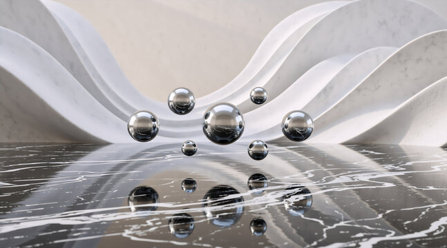 Abstract background with floating silver spheres over black marble. Modern 3D render of glossy metallic balls and white wavy architectural forms