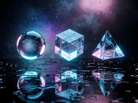 Abstract geometric shapes floating over wet reflective surface. Glowing glass sphere cube and pyramid in starry space background
