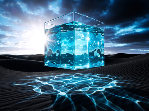 Surreal landscape with a floating blue water cube over dark sand dunes. Abstract 3D render of a glowing translucent block under a dramatic cloudy sky