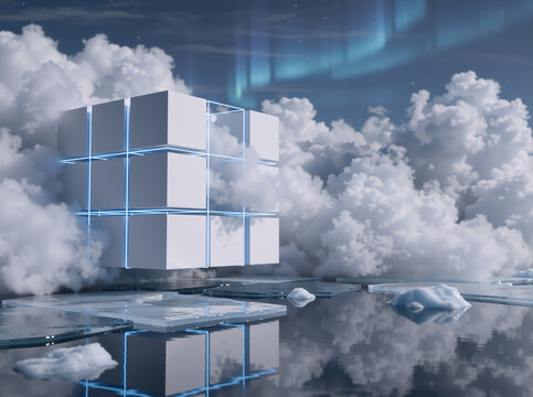 Abstract futuristic glowing white cube floating in clouds. Surreal arctic landscape with aurora borealis and ice reflection. Cloud computing and data storage concept