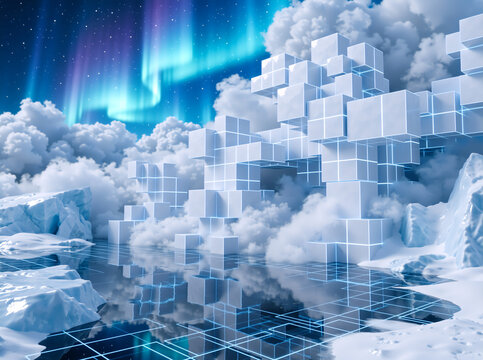 Futuristic abstract structure of white cubes in a surreal icy landscape. Glowing blue grid reflection and aurora borealis in the night sky. Digital metaverse concept