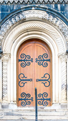 Fototapeta premium Colonial decorations in stone wall and entrance door, Toronto, Canada