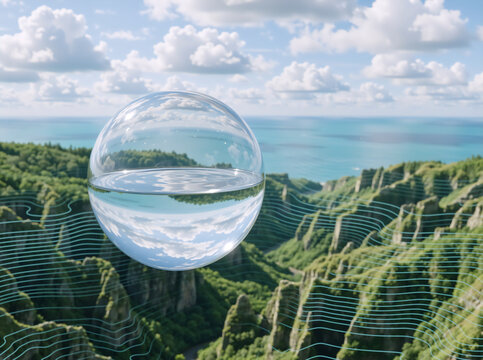 Floating glass sphere over green mountainous landscape with digital topographical grid. Augmented reality and environmental data mapping concept
