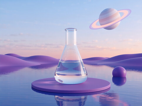 Glass flask on purple podium in surreal landscape with ringed planet. Abstract pastel fantasy background for science or cosmetic display
