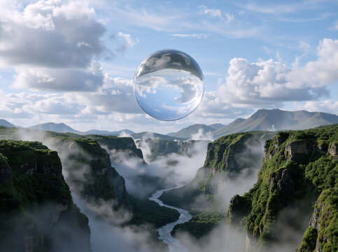Transparent glass sphere floating above a misty river canyon. Surreal landscape with green cliffs and reflecting crystal ball