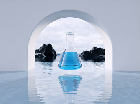 Levitating glass flask with blue liquid floating over water. Minimalist 3D render with white arch and geometric rocks. Science and cosmetic research concept