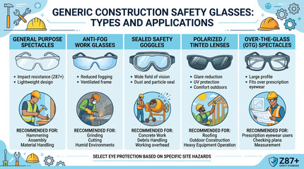 Obraz premium Infographic detailing various types of construction safety glasses, their features, and recommended applications for different work environments.