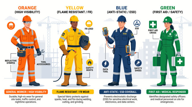 Infographic illustrating four types of industrial safety workwear: high visibility, flame resistant, anti-static, and first aid uniforms for various job roles.
