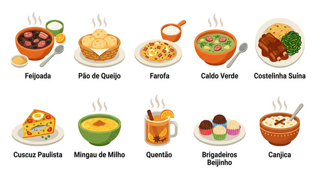Set of traditional brazilian food and drinks, including feijoada, po de queijo, farofa, caldo verde, costelinha suna, cuscuz paulista, mingau de milho, quento, brigadeiros, beijinho and canjica