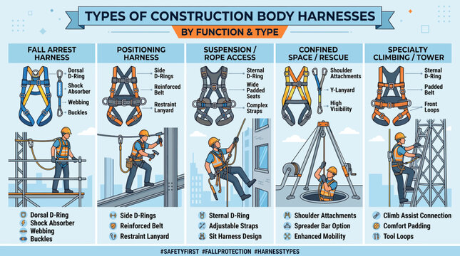 Infographic illustrating various types of construction body harnesses, categorized by their function and specific applications, including fall arrest, positioning, suspension, rescue, and climbing.