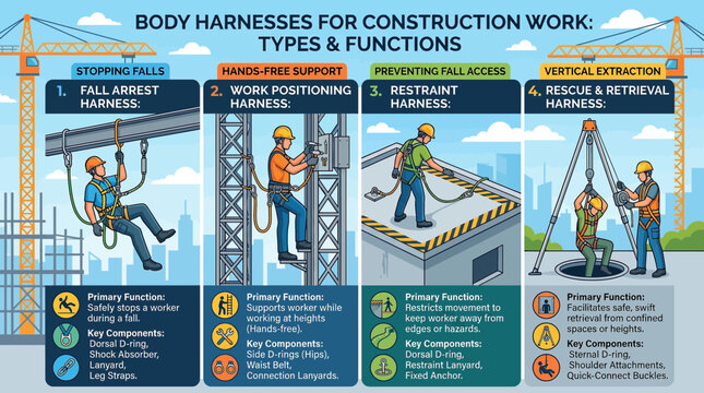Infographic detailing four types of body harnesses for construction work: fall arrest, work positioning, restraint, and rescue/retrieval, with their functions and components.