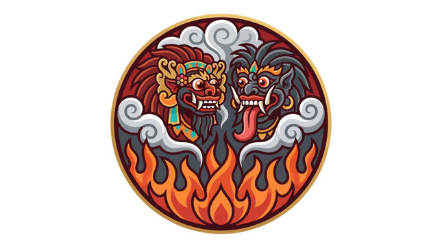 Balinese Barong and Rangda faces fire badge.