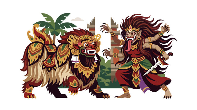 Balinese Barong and Rangda fighting near temple gate