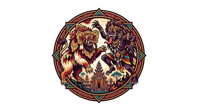 Balinese Barong and Rangda mythological creature circular emblem.