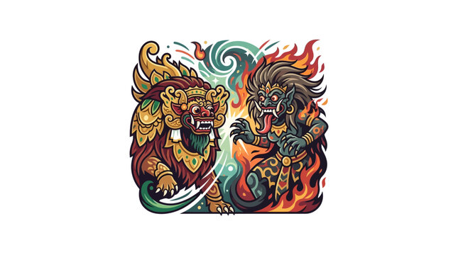 Balinese Barong and Rangda mythological battle illustration.