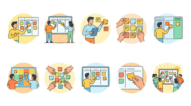 A set of colorful illustrations depicting people working with sticky notes on computers and whiteboards in a collaborative office setting with a