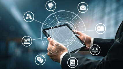Fototapeta premium Translation icons show international languages, interpretation, and communication. Translation helps global business, translation supports learning, and translation improves cultural exchange. Gist