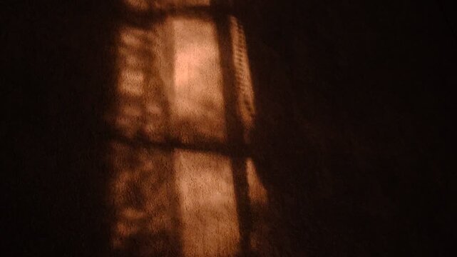 Textured wall, on which gleams of light cast fanciful shadows. The twilighty shadows danced across the dark background, grotesque dramatic twilight loomed against the wall. Surreal backdrop
