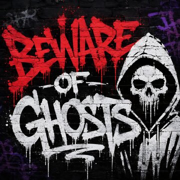 Spooky Halloween Graffiti Wall Art with Beware of Ghosts Text and Grim Reaper Skull in Hoodie