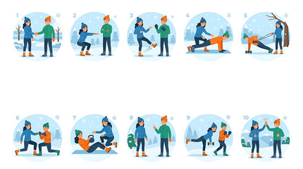Fototapeta premium Vector illustration of ten different winter sports and activities for two people in a snowy landscape with trees