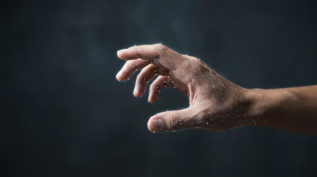 A side view of a human hand reaching out, with elegant, glowing white tracking dots and thin vector lines mapped precisely onto the fingers, manipulating an invisible object. Neutral dark studio 
