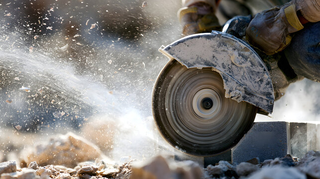 On the construction site, a worker employed a power saw to slice through a block of material. As the blade of the saw moved through the substance, the air was filled with dust and debris