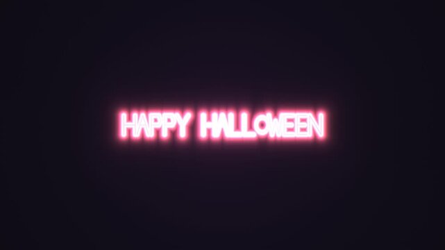 Bright neon text saying happy halloween on dark background