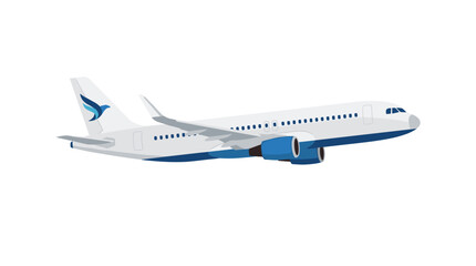 Commercial Jetliner Isolated: A sleek, modern commercial jetliner with blue engine accents and a bird logo on the tail is depicted in a side view against a stark white backdrop. © Duran