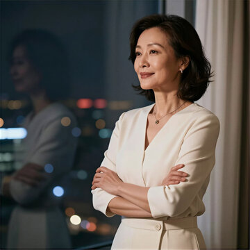 Elegant mature Asian woman looking through apartment window at night city view with a confident and hopeful smile