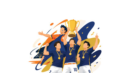 Obraz premium Illustration of soccer team celebrating together with trophy and medals.