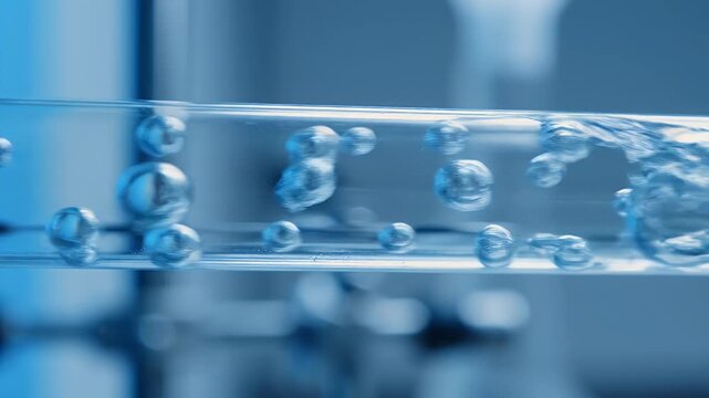 Macro Close-Up of Clear Blue Water with Bubbles in a Laboratory Setting
