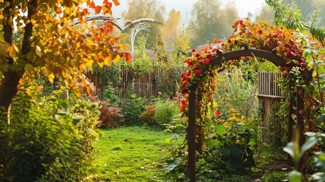 Autumnal Garden Archway Covered in Vines Over a Sunlit Pathway