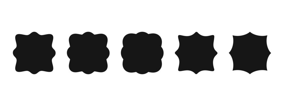 Set of wavy square shapes. Quadrangular geometric forms with scalloped and jagged borders. Empty textboxes, labels or tags isolated on white background. Vector graphic illustration.