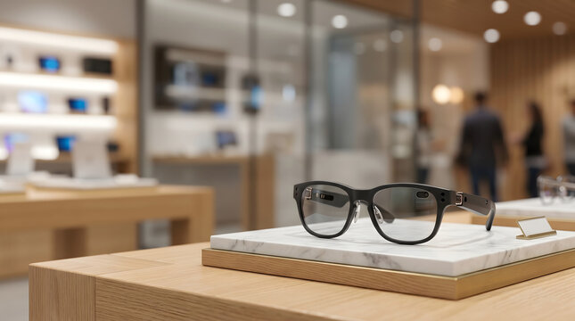 Smart glasses displayed on a counter in a modern store with blurred background