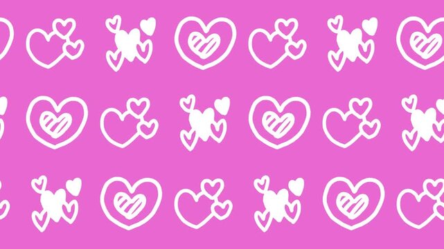 Seamless pattern of hand-drawn white love hearts with stripes and clusters on a pink background animation for a romantic Valentine's Day celebration wallpaper.