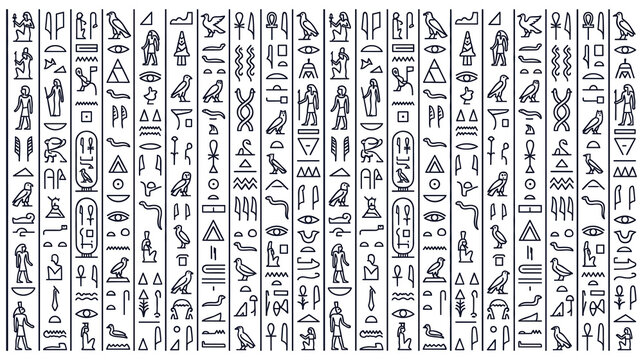 Ancient egyptian hieroglyphics seamless pattern background in minimalist black line drawing.