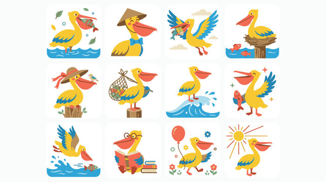 Cartoon pelican character set with different activities like fishing reading and traveling.