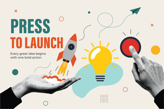 Halftone Pop Art Collage with Hands Holding Rocket Launch and Pressing Button with Light Bulb. Press to Launch Business Startup and Innovation Concept. Every Great Idea Begins with One Bold Action. Re