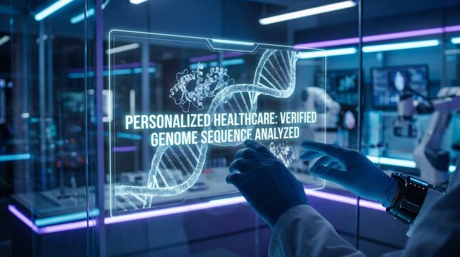 Scientist Analyzing Genome Sequence Data on Virtual Screen in Futuristic Laboratory with Neon Lights 3D Render.