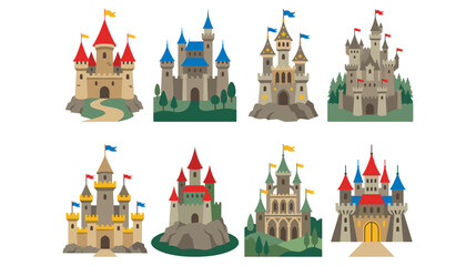 Collection of fairytale castles with towers flags and landscapes in flat vector design set. © jubayer95
