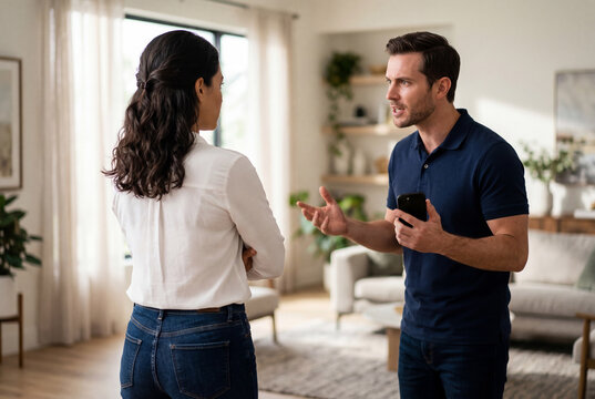 Couple arguing intensely in modern home with man gesticulating