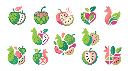 Collection of stylized custard apple and llama illustrations, perfect for branding and design. © tr