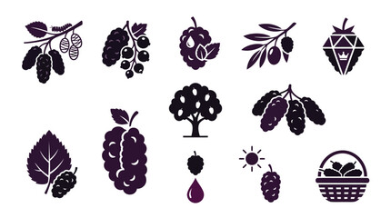 Fototapeta premium Collection of stylized icons representing various fruits and berries, including mulberries, currants, olives, and dates, presented in a dark purple silhouette style.