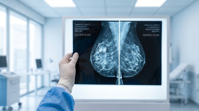 Doctor holding comparative mammogram images showing older and newer breast scans with marked lesion areas in clinical radiology room, breast cancer monitoring and diagnostic follow-up concept.